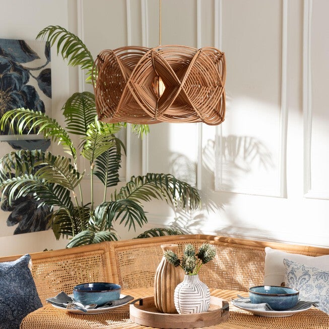 Jeneth Natural Rattan Pendant Lampshade - Coastal Boho Ceiling Light Cover with Handcrafted Geometric Design, BROWN, hi-res image number null