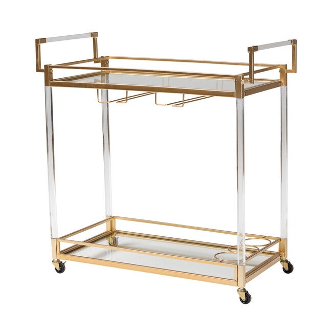 Savannah Contemporary Glam and Luxe Gold Metal and Glass Wine Cart, GOLD, alternate image number 1