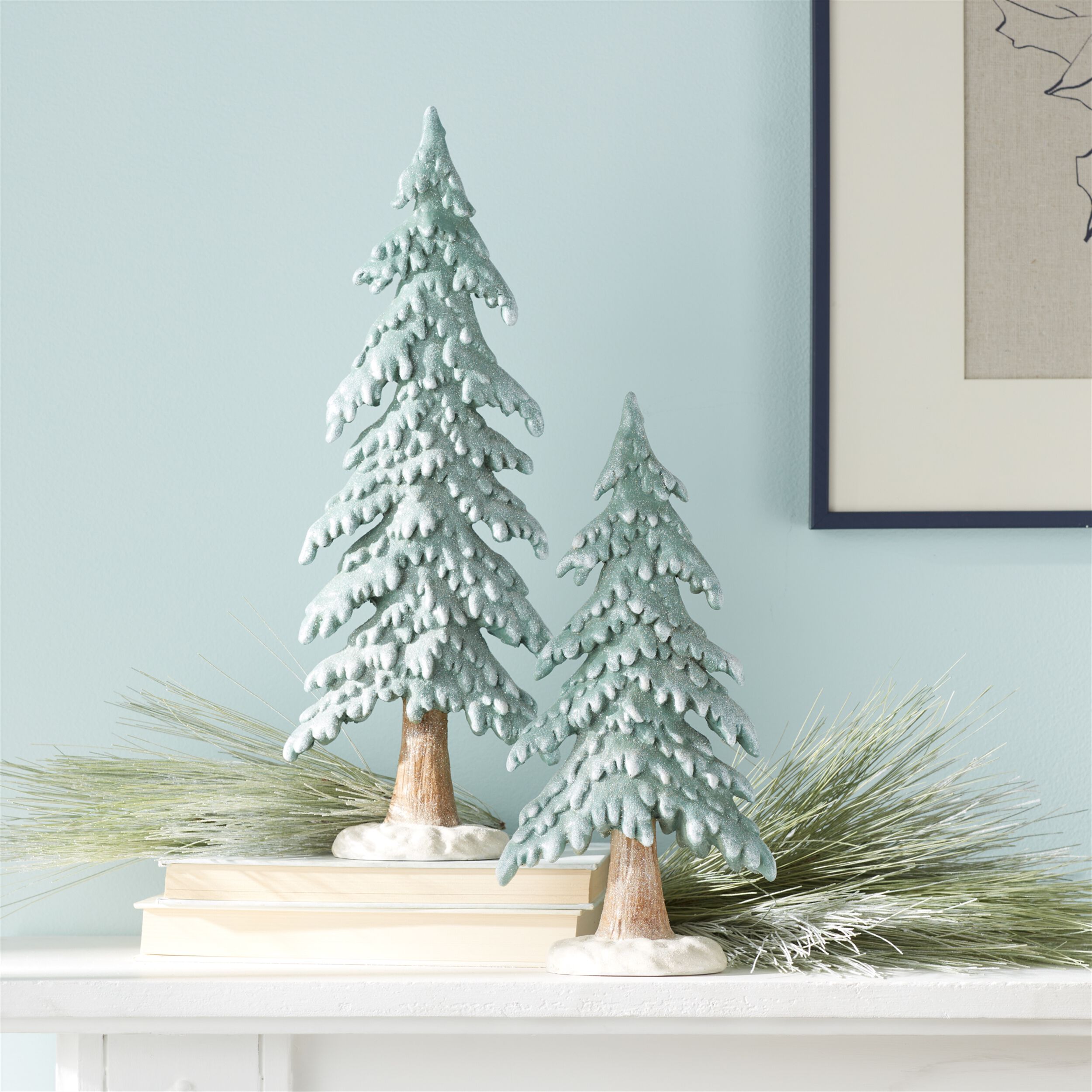 Glittered Winter Pine Tree (Set of 2), GREEN WHITE, alternate image number 2