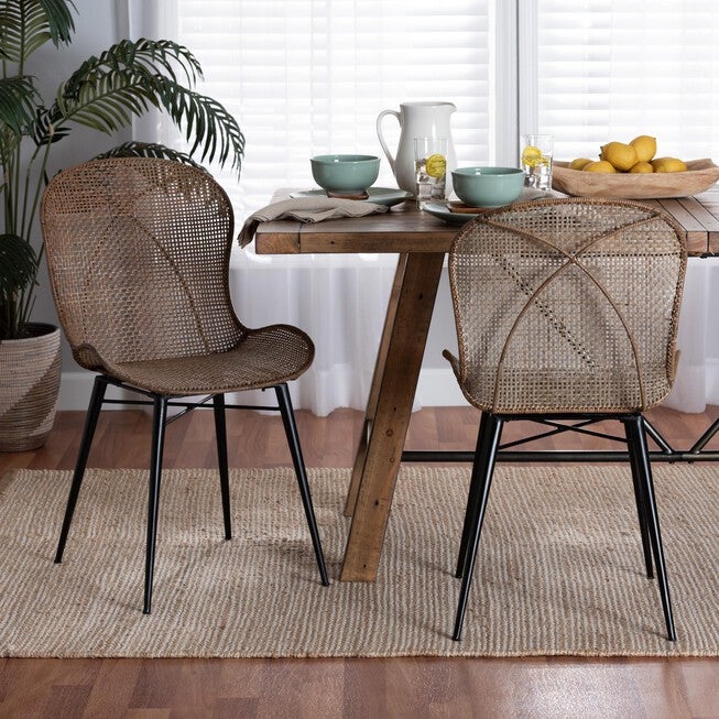 Sabelle Japandi Greywashed Rattan and Black Metal 2-Piece Dining Chair Set, BLACK, hi-res image number 0
