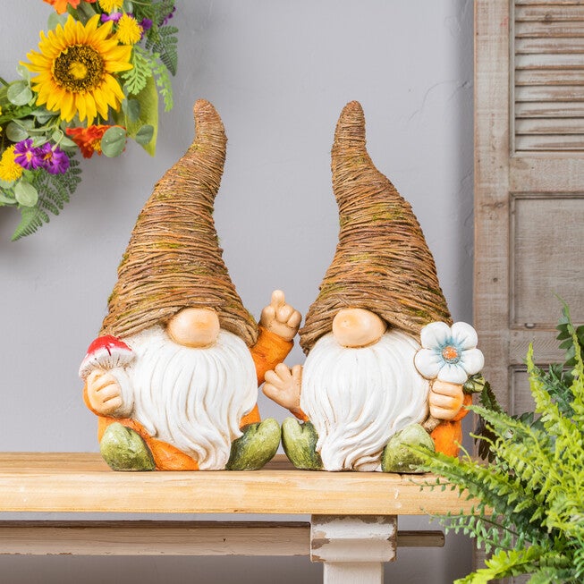 Distressed Garden Gnome Statue With Mushroom And Flower Accent (Set Of 2), , alternate image number 3