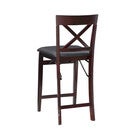 Front view of a dark wood bar stool with cushioned seat and X-back.