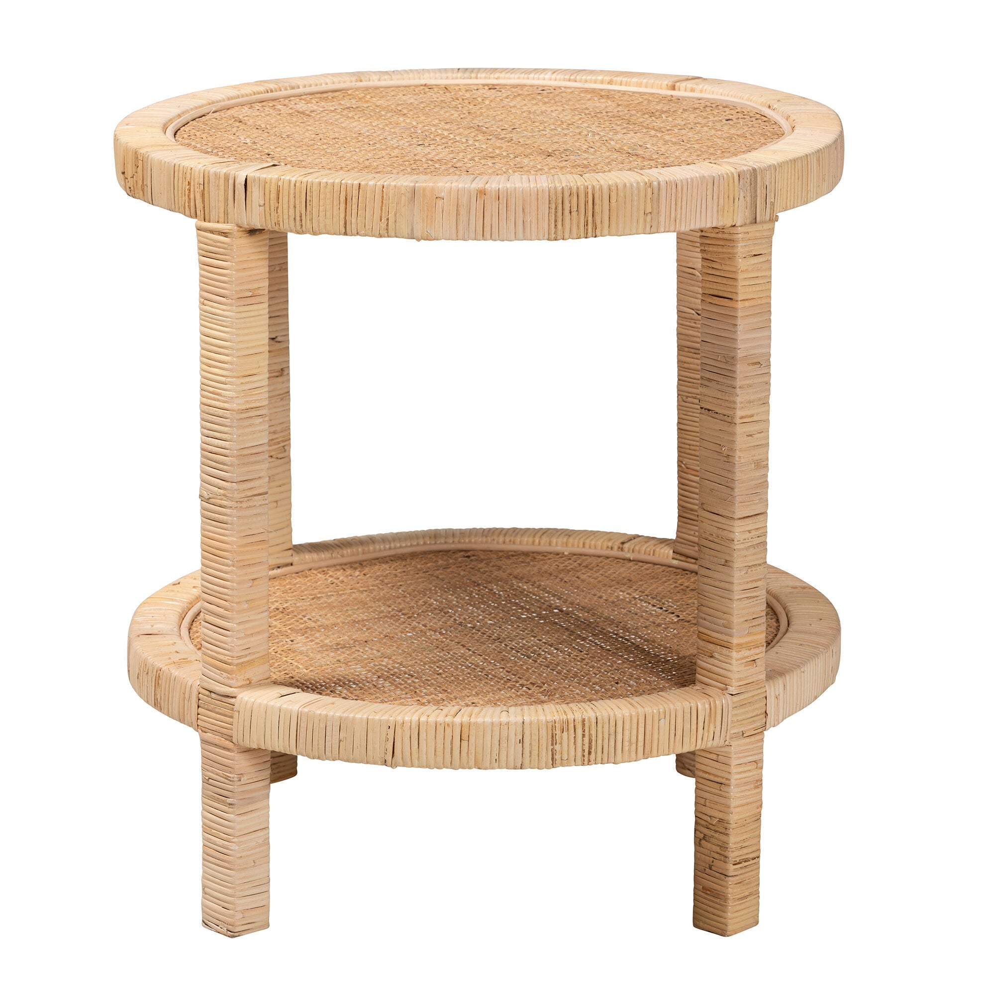 Bella Modern Bohemian Natural Brown Mahogany Wood and Natural Rattan 2-Tier End Table, NATURAL BROWN, alternate image number 3