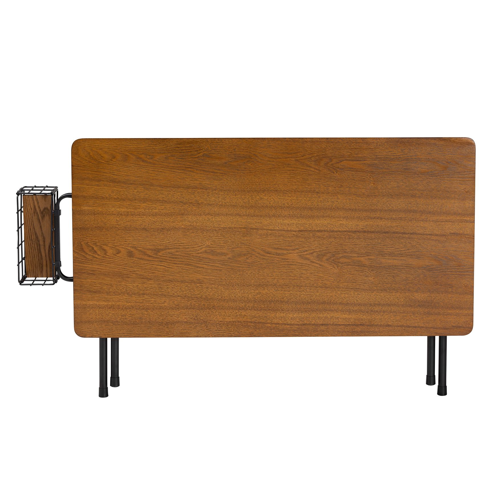 Rectangular coffee table with natural brown wood top and black metal frame, viewed from the side with a wire basket attached.