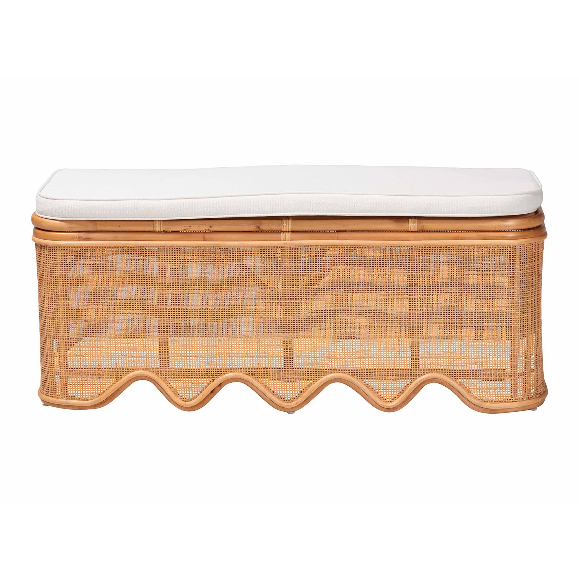 Rivka Natural Rattan Storage Bench with Scalloped Base and Cushion, HONEY, alternate image number 3
