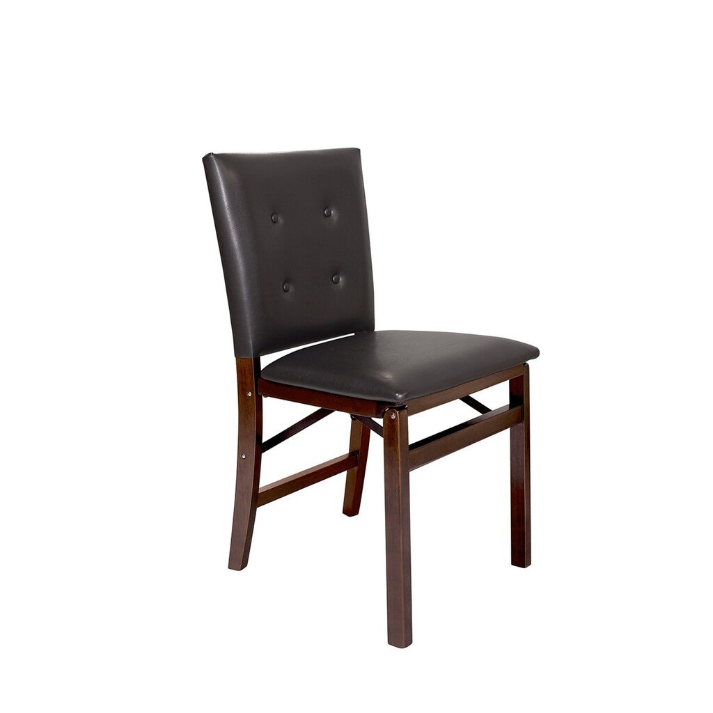 Black upholstered folding chair with wooden frame