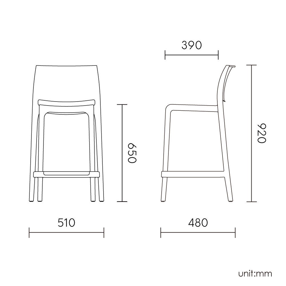 Counter stool dimensions diagram (mm) for Rue outdoor stackable stool