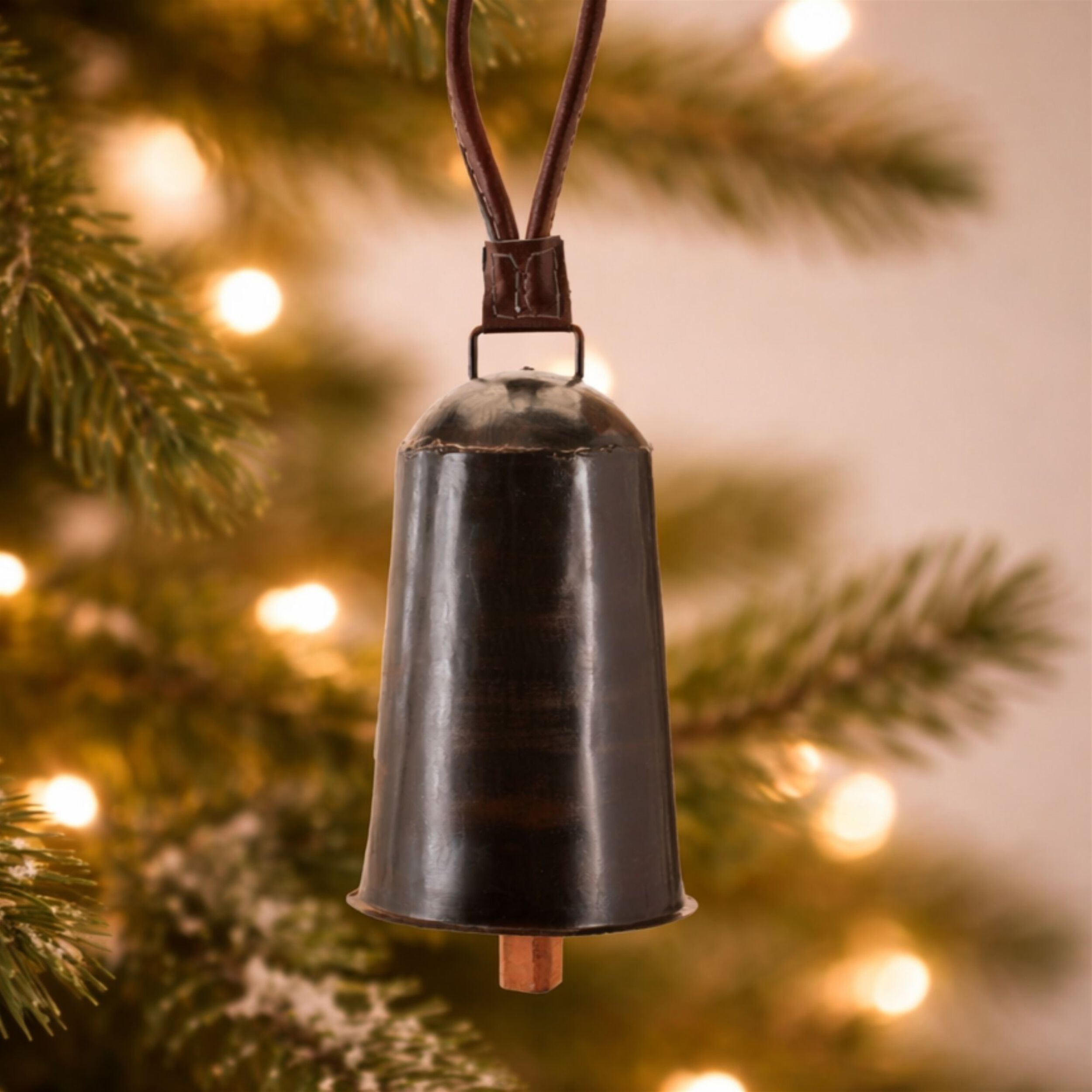 Rustic Iron Hanging Bell with Leather Strap (Set of 2), BLACK BROWN, alternate image number 2