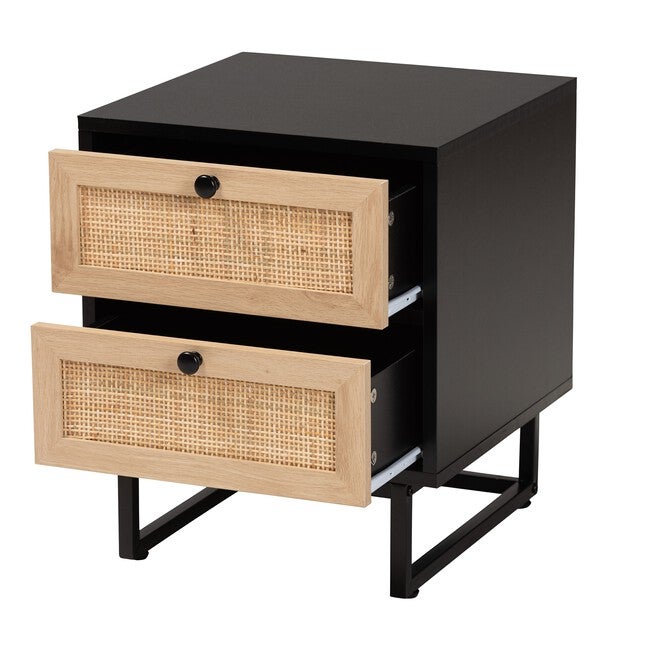 Declan Mid-Century Modern Espresso Brown Finished Wood And Natural Rattan 2-Drawer Nightstand, , on-hover image number 1