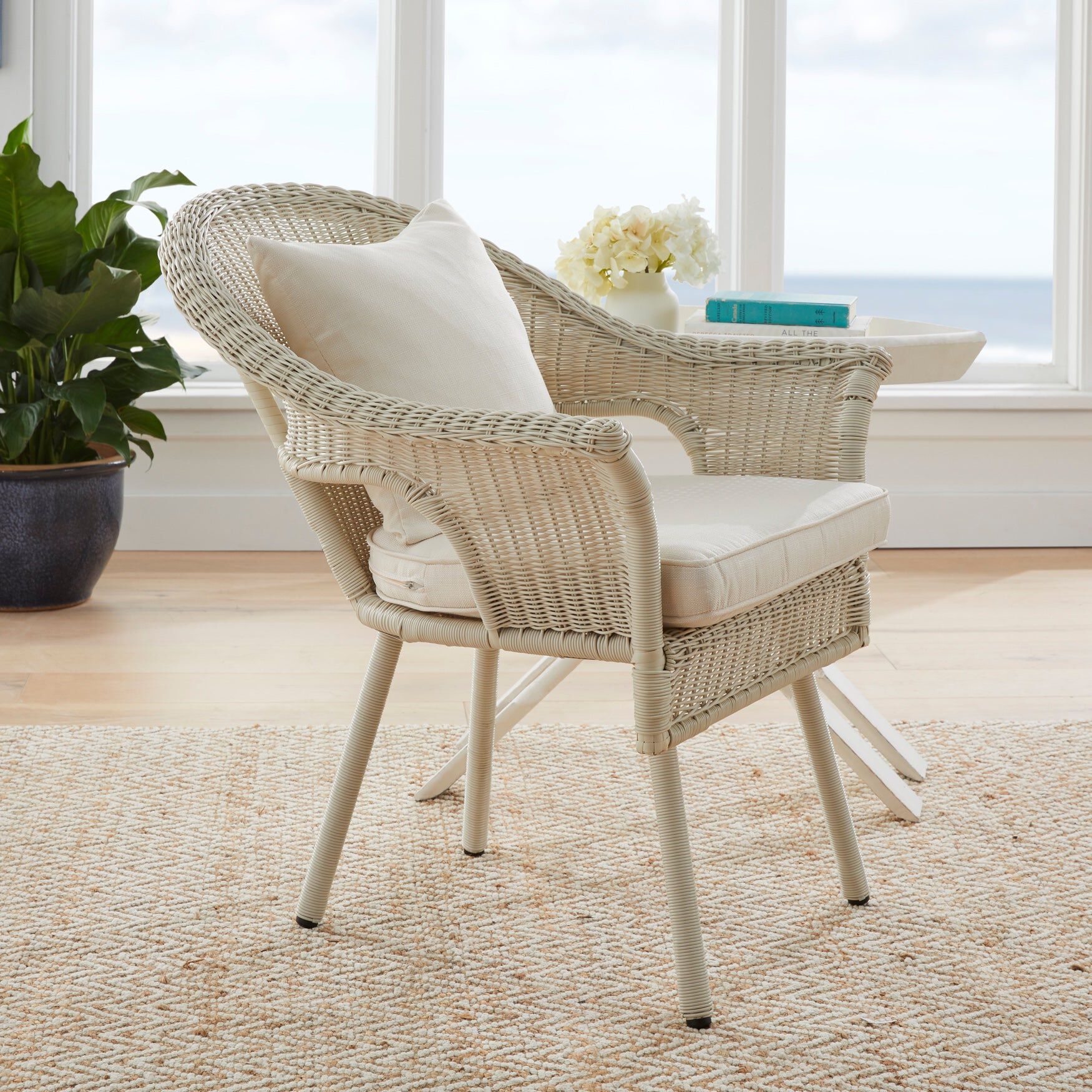 Roma Hand-Woven Resin Wicker Stacking Chair with Toss Pillow & Seat Cushion
