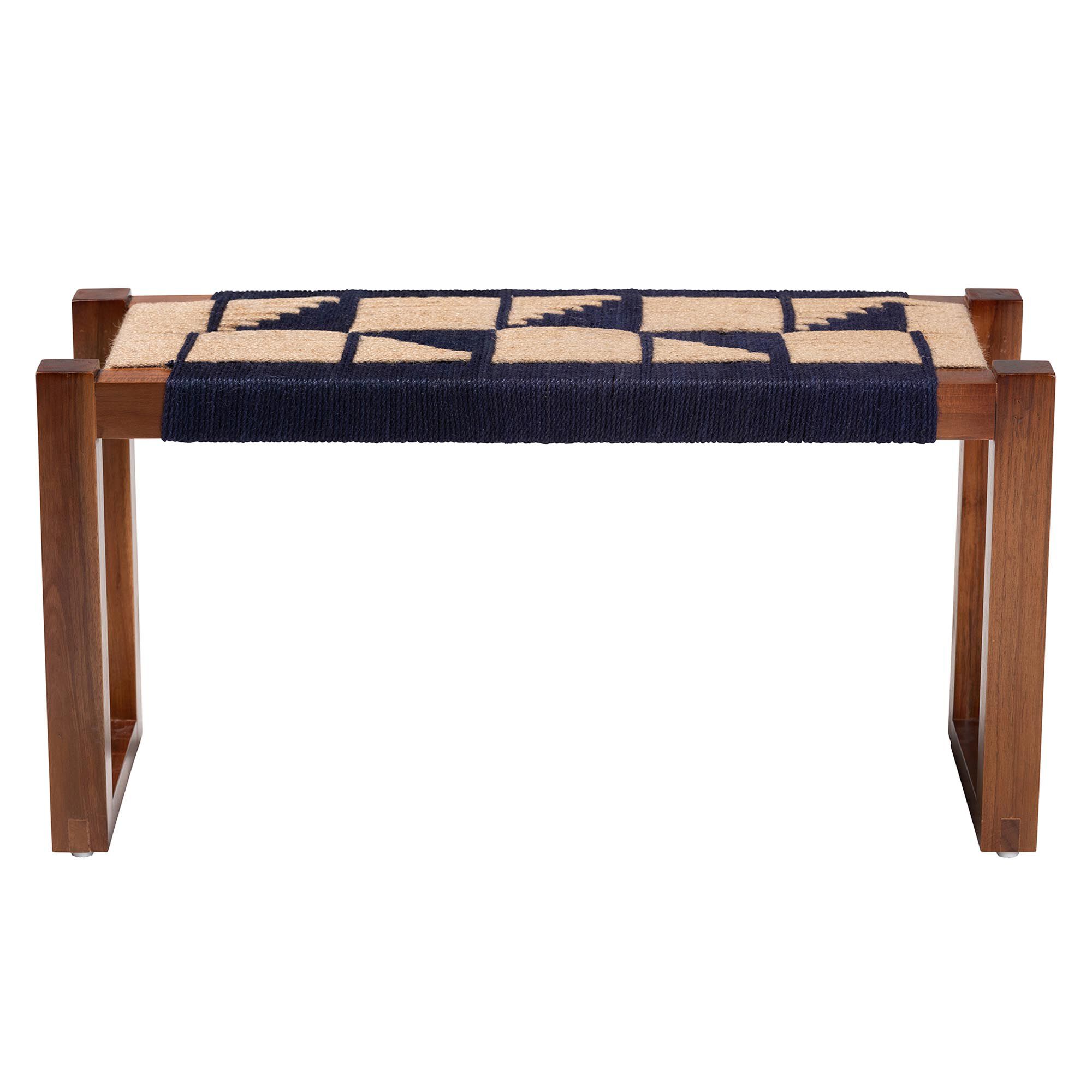 Jerilyn Modern Bohemian Two-Tone Navy Blue and Natura Brown Seagrass and Acacia Wood Accent Bench, BLUE, alternate image number 3