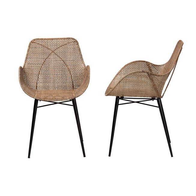 Ballerina Modern Bohemian Greywashed Rattan And Natural Brown Finished Wood 2-Piece Dining Chair Set, , alternate image number 9
