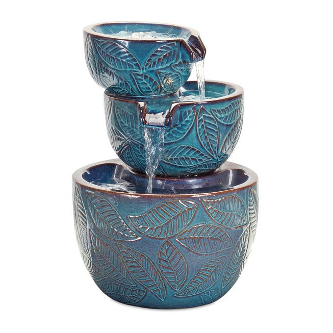 Ceramic Tiered Bowl Fountain With Leaf Design 22.5 inchesH, BLUE, hi-res image number 0