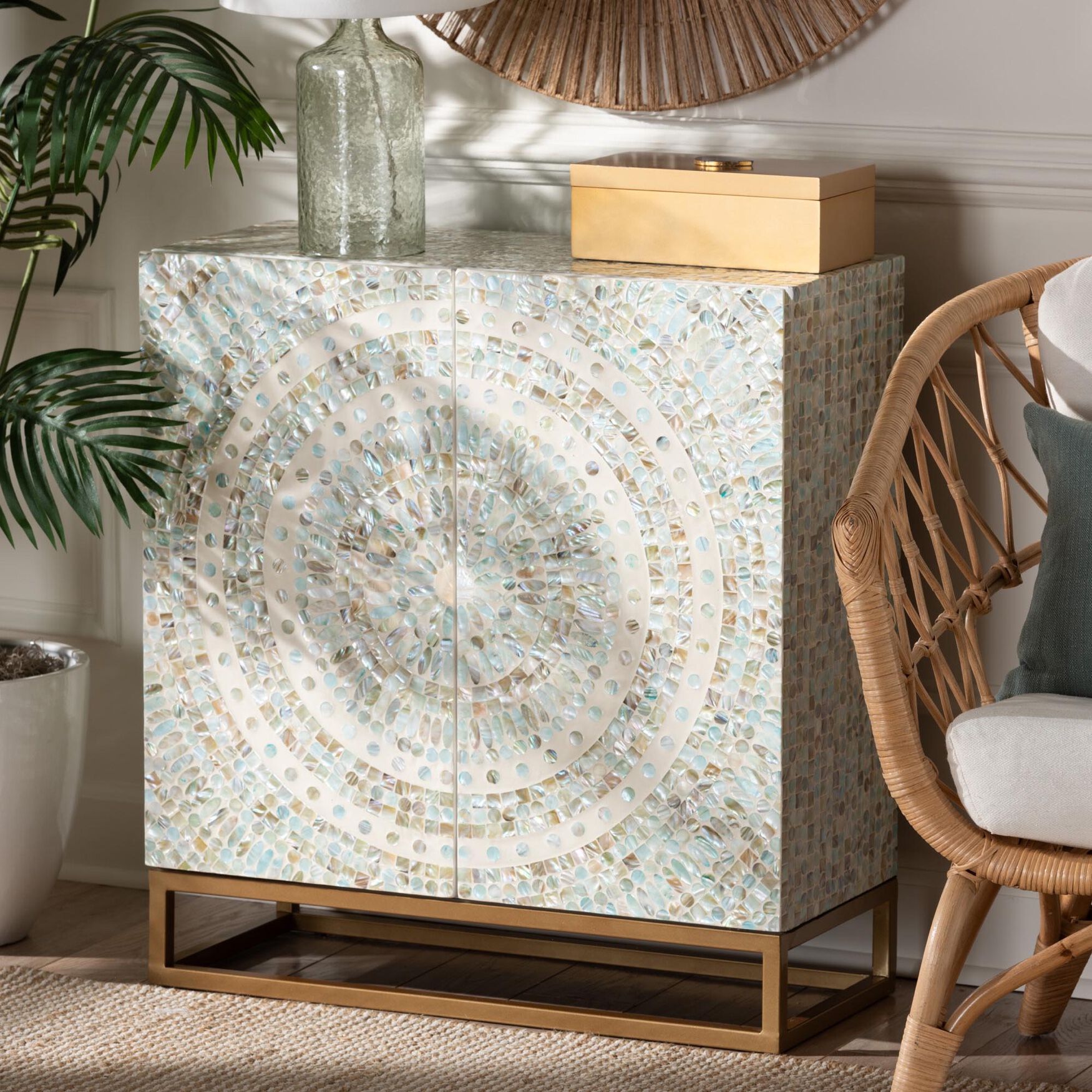 Quintus Modern Bohemian Multicolor Mother of Pearl and Gold Metal Storage Cabinet, , alternate image number 13