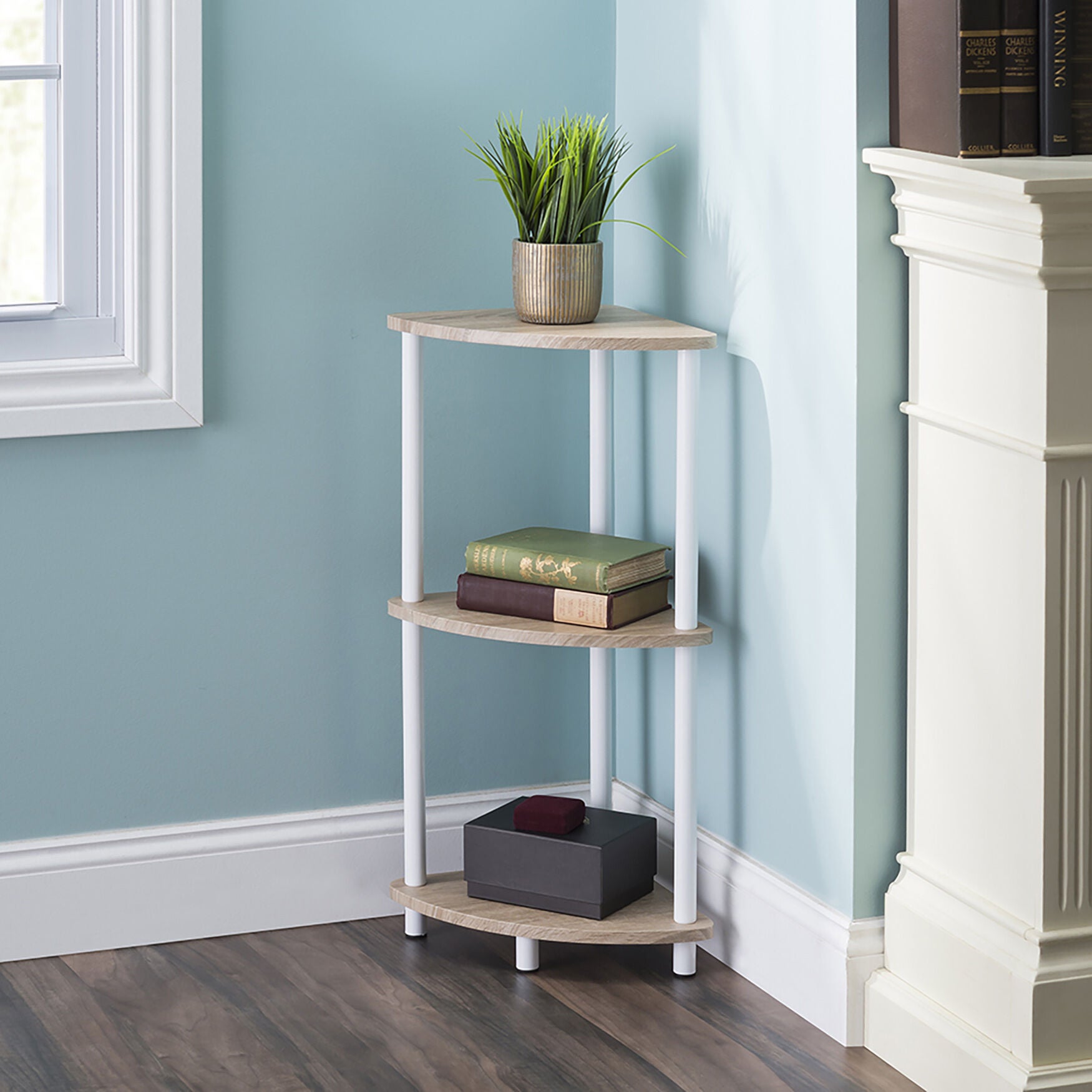 Home Basics Pine Wood 3 Tier Arc Corner Shelf, , alternate image number 1