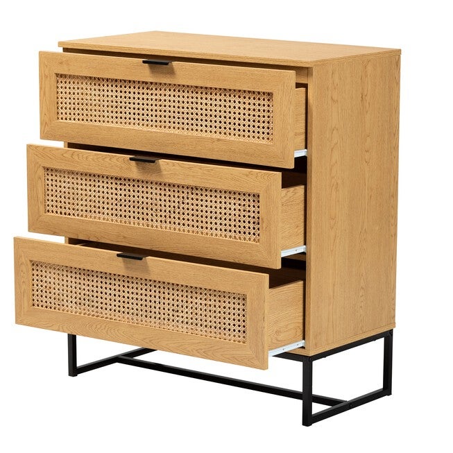 Sawyer Mid-Century Modern Industrial Oak Brown Finished Wood And Black Metal 3-Drawer Storage Cabinet With Natural Rattan, , on-hover image number null