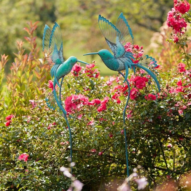 Iron Metal Hummingbird Garden Stake (Set of 2), BLUE/GREEN, alternate image number null