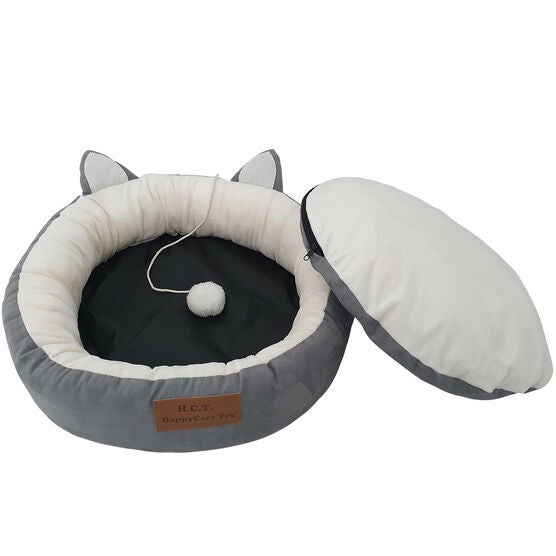 GREY poly-cotton cozy round cat bed , 18 inch, , alternate image number null