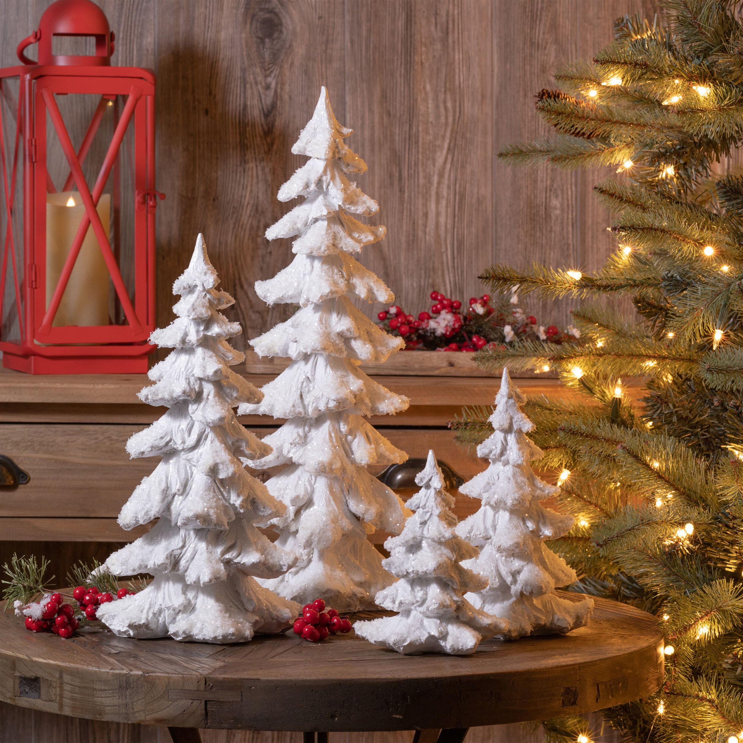 Flocked White Pine Tree with Carved Design (Set of 4), WHITE, alternate image number 6