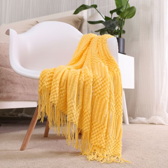Battilo Home Solid Lightweight Knit Patterned Throws for Sofa Home Decorative Bed Blanket, 50" x 60", YELLOW, hi-res image number null