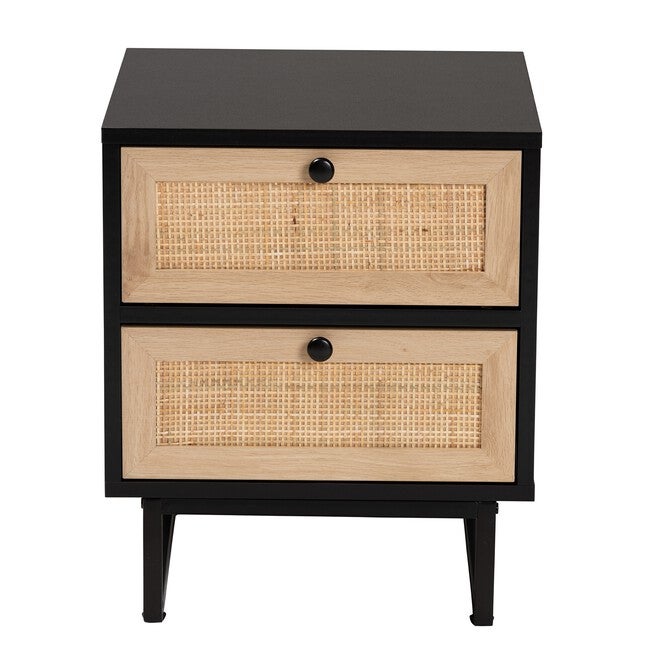 Declan Mid-Century Modern Espresso Brown Finished Wood And Natural Rattan 2-Drawer Nightstand, , alternate image number 2