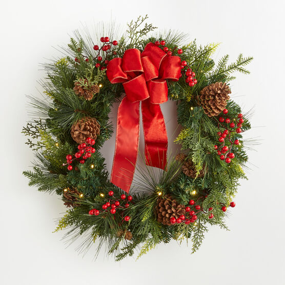 Pre-Lit Classic 28" Wreath, GREEN RED, hi-res image number null