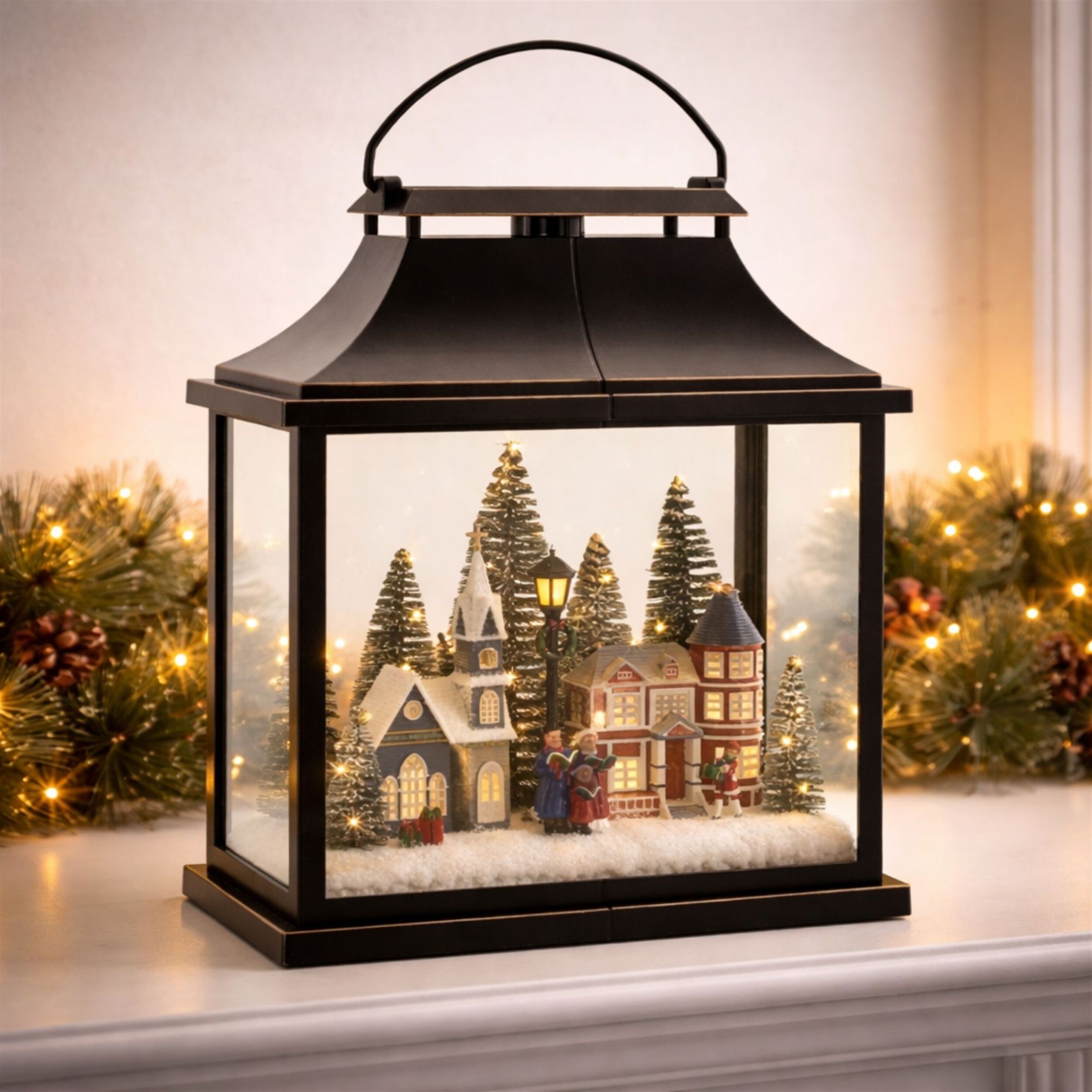 LED Lantern Scene with Village and Carolers 16 inchesH, BLACK GOLD RED, alternate image number 3