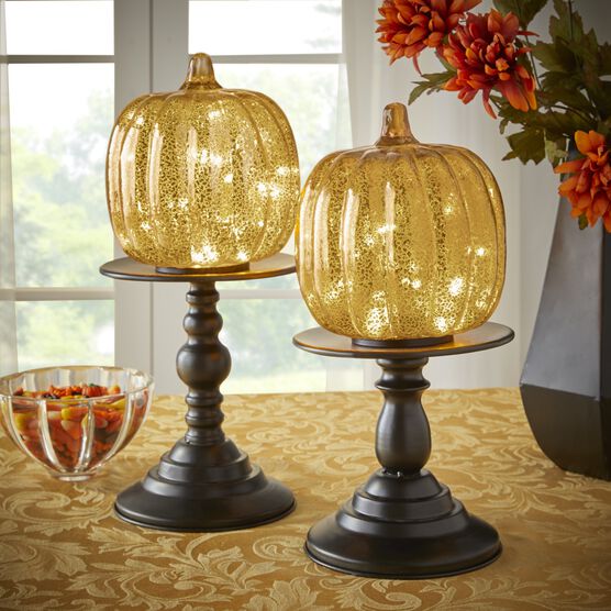 14½"H x 6"Diam Pre-Lit Glass Pumpkin on Stand, GOLD, hi-res image number null