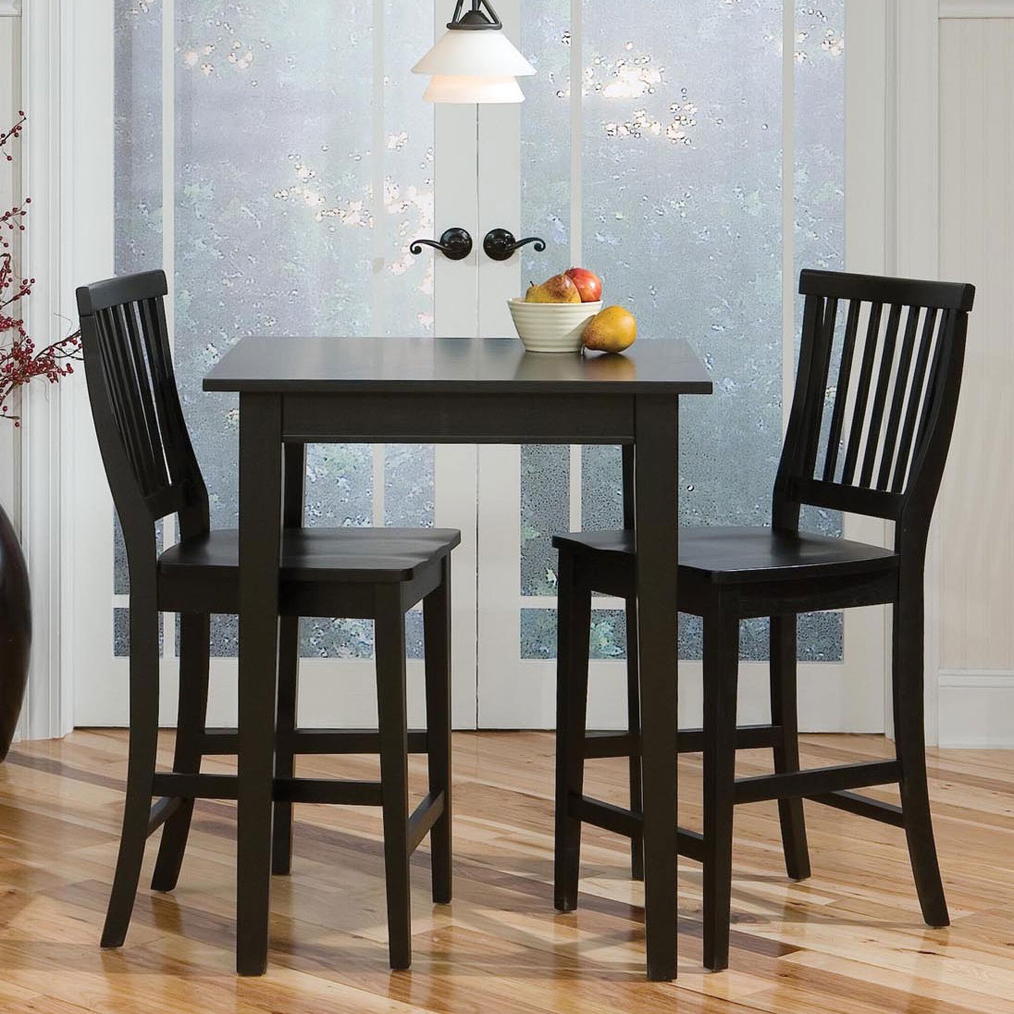 Dark wood bistro stool with slatted back and square legs