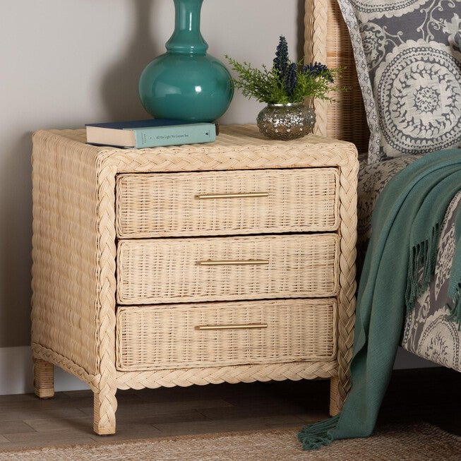 Lanica Japandi Sun Bleached Rattan 3-Drawer Nightstand, PALE, hi-res image number 0