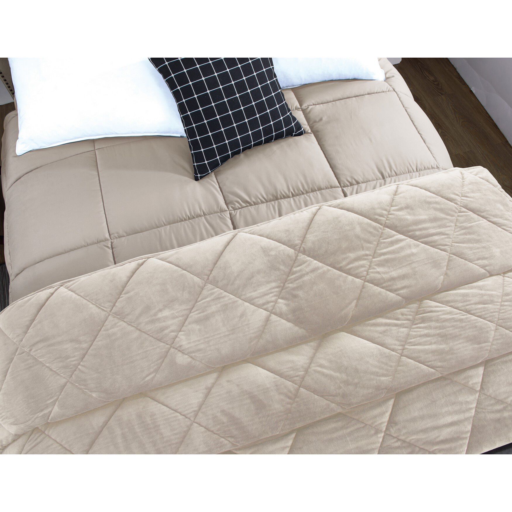 2pc Velvet Blanket & Down Alternative Comforter Set, Tan, , on-hover image number 1