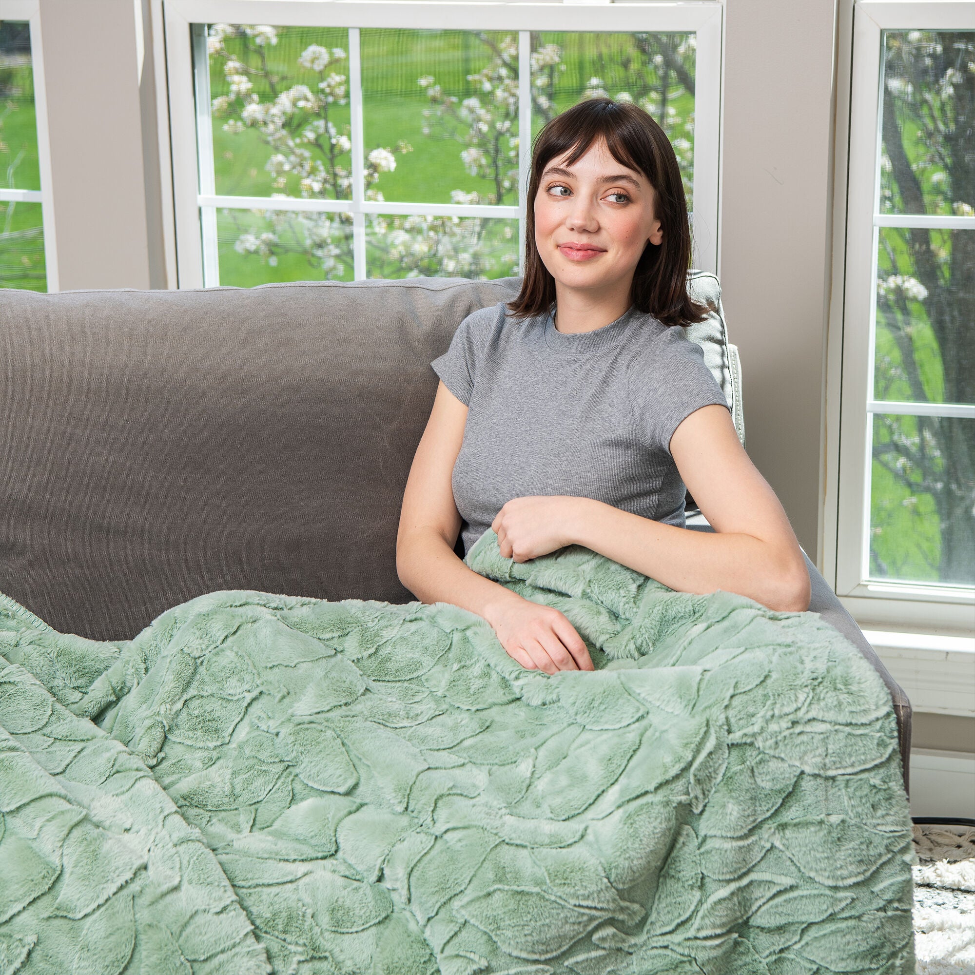 HGTV Triple Jacquard Carved Faux Fur Throw Blanket Quietude 50 x 70 inches, HGTV, hi-res image number 0