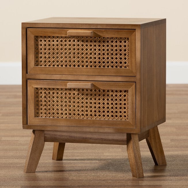 Baden Mid-Century Modern Walnut Brown Finished Wood 2-Drawer Nightstand With Rattan, , alternate image number null