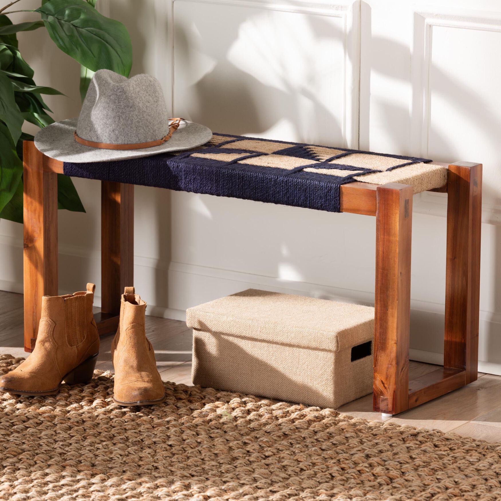 Jerilyn Modern Bohemian Two-Tone Navy Blue and Natura Brown Seagrass and Acacia Wood Accent Bench, , alternate image number 11