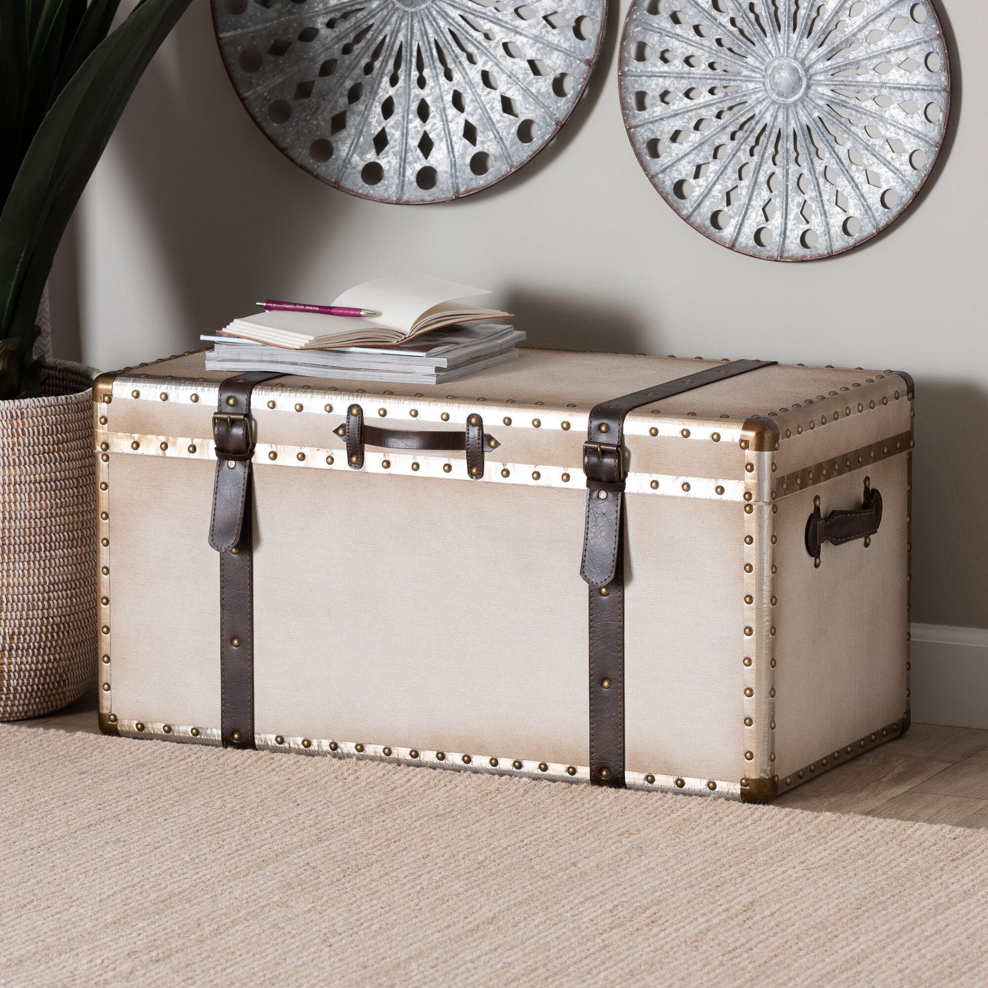Nevio Vintage Weathered White Canvas Storage Trunk, BEIGE, hi-res image number 0