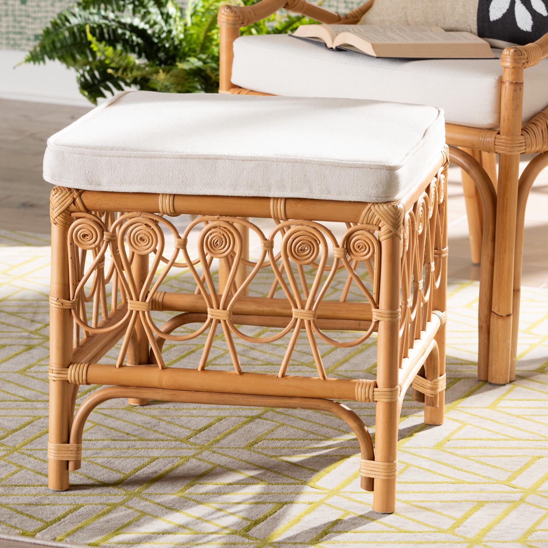 Ibiza Modern bohemian Natural Brown Rattan Footstool, , alternate image number 10