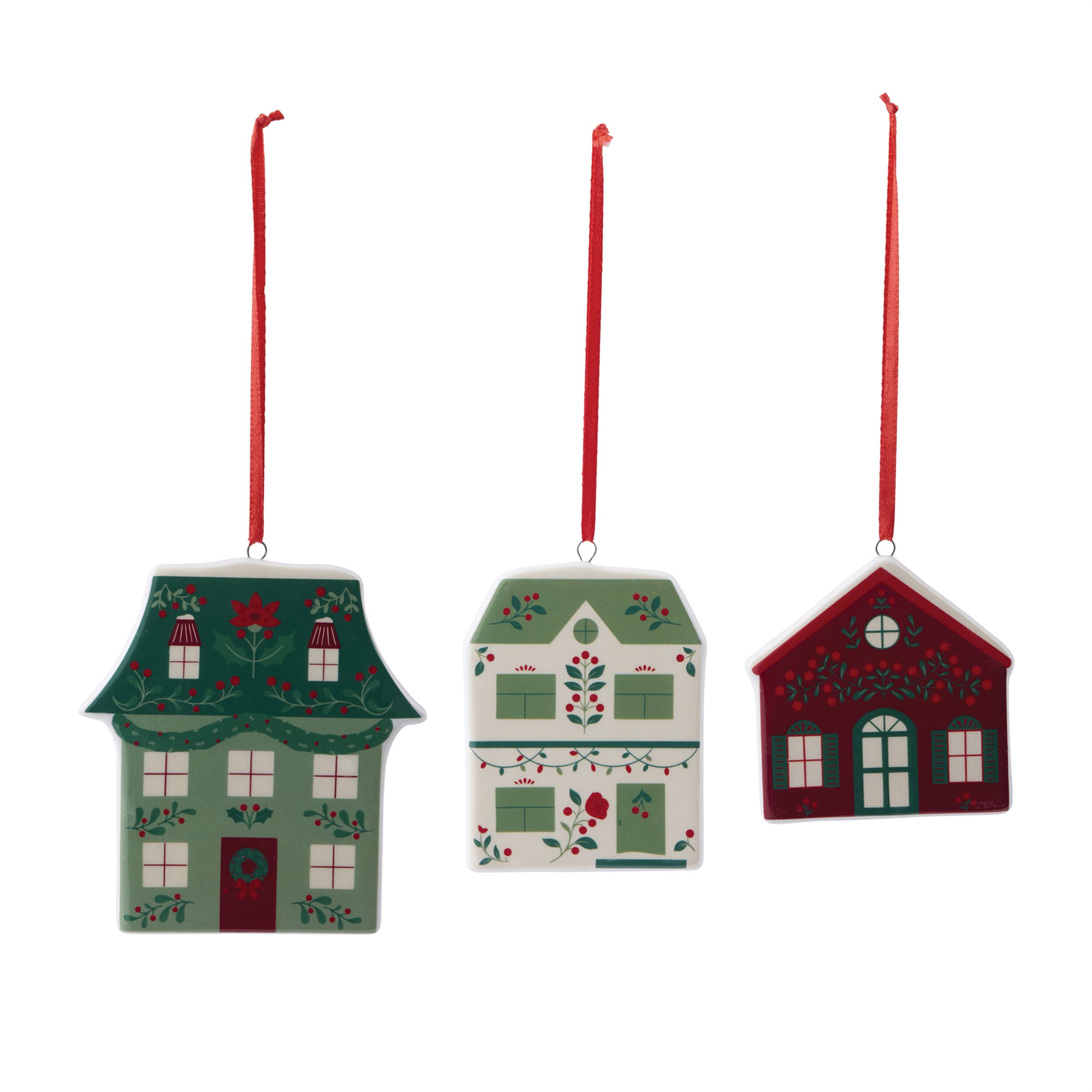 Ceramic House Ornament Assortment  (Set of 9), GREEN CREAM RED, alternate image number 1