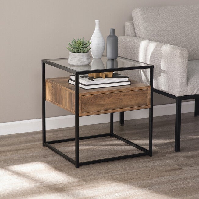 Olivern Glass-Top End Table w/ Storage, BROWN, hi-res image number 0