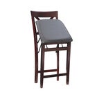 Bar stool with cushioned gray seat and dark wood frame, angled side view.