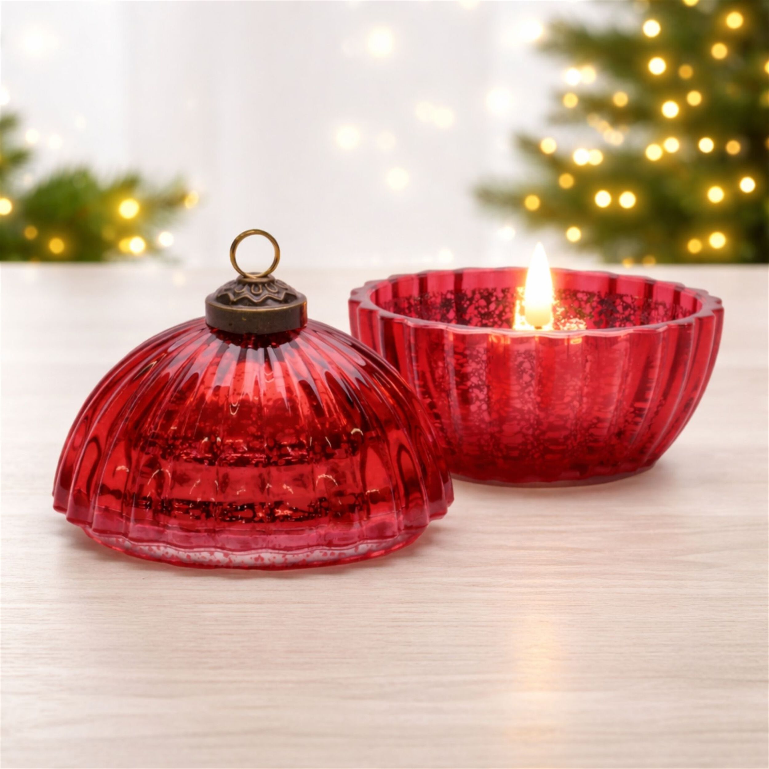 Glass Ornament with LED Candle Inside 4 inchesD, RED, hi-res image number 0