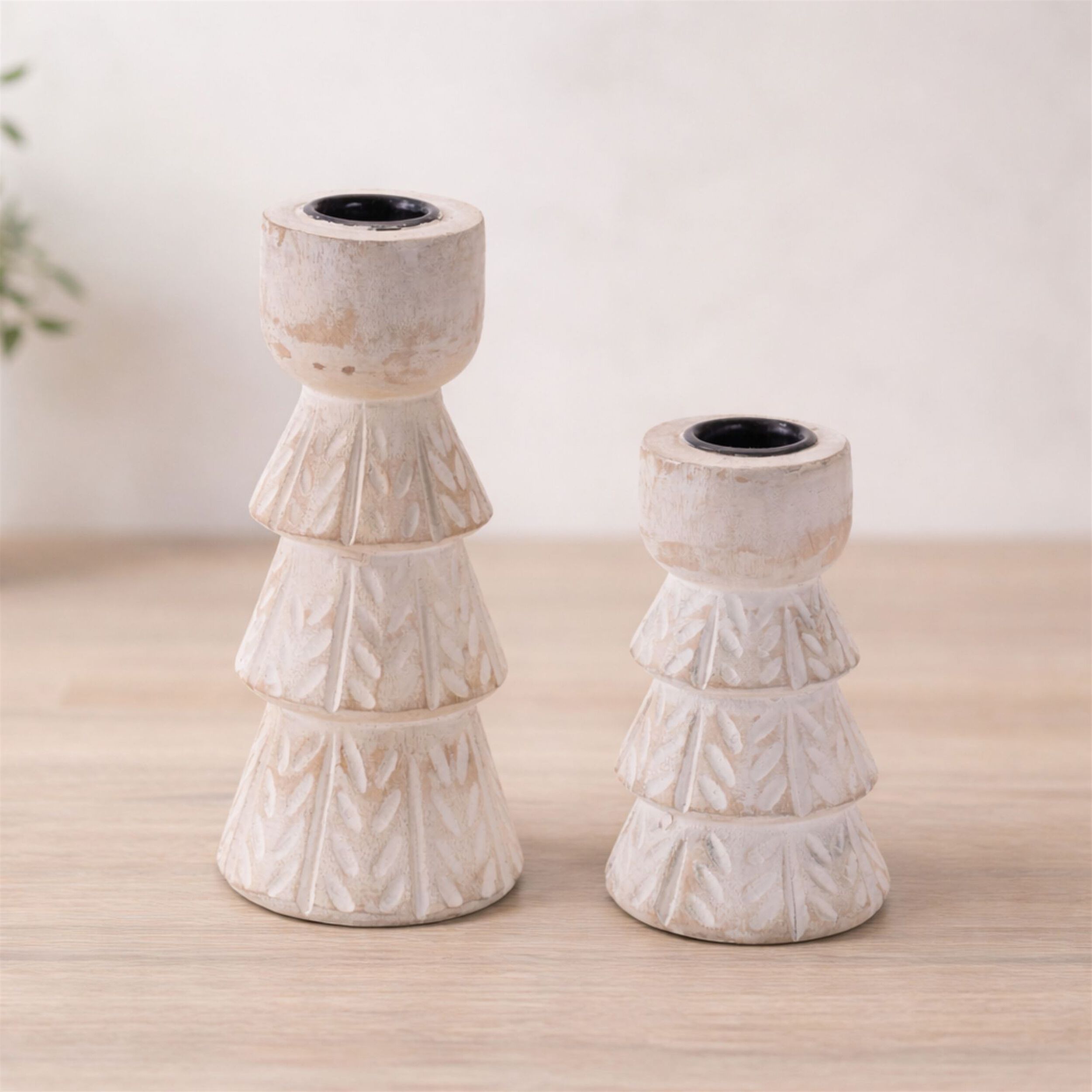 White Washed Wood Taper Candle Holder (Set of 2), WHITE BROWN, alternate image number 2