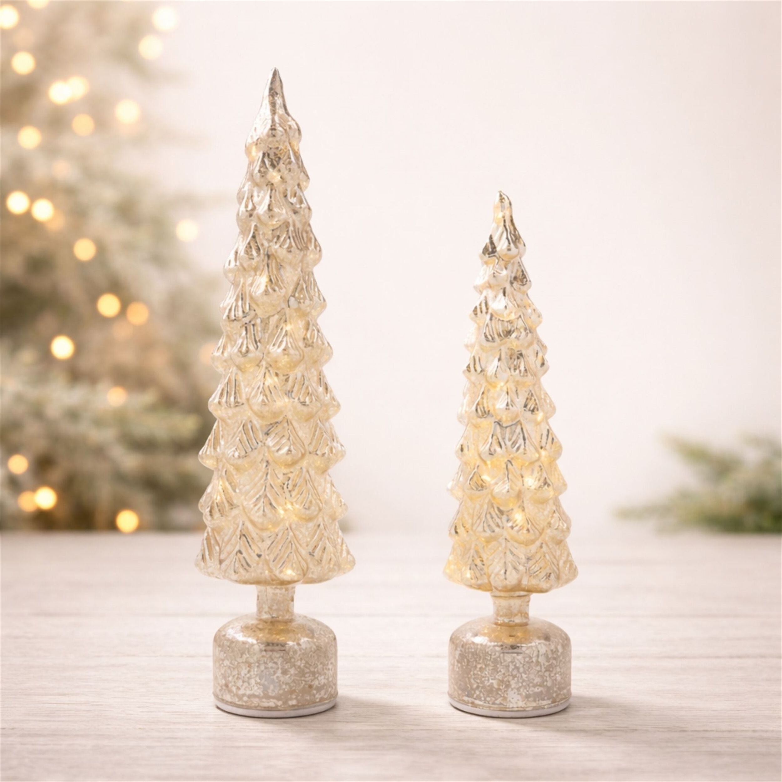 LED Mercury Glass Rotating Pine Tree (Set of 2), SILVER, alternate image number 2