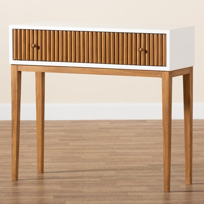 Odile Mid-Century Modern Two-Tone Natural Brown And White Bayur Wood 1-Drawer Console Table, , alternate image number null