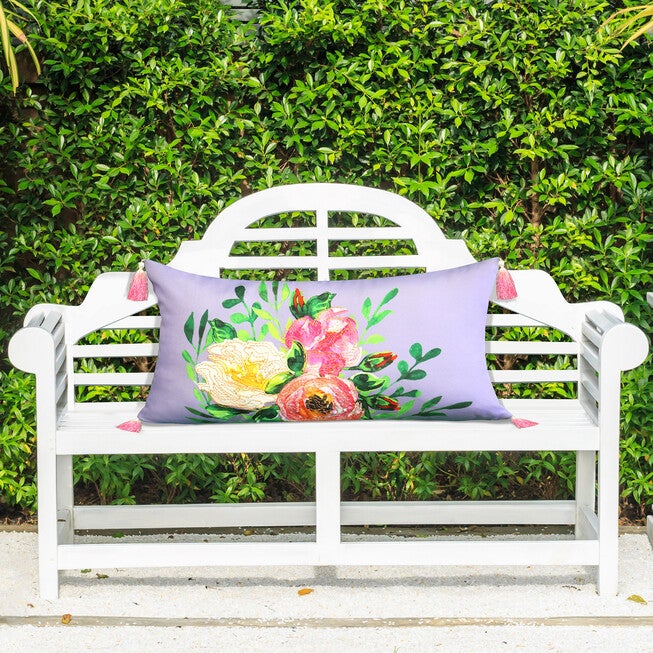 Edie @ Home Indoor/Outdoor Rose Print With Embroidery And Ombre Tassels Decorative Throw Pillow 14X26, Lavender, , on-hover image number null