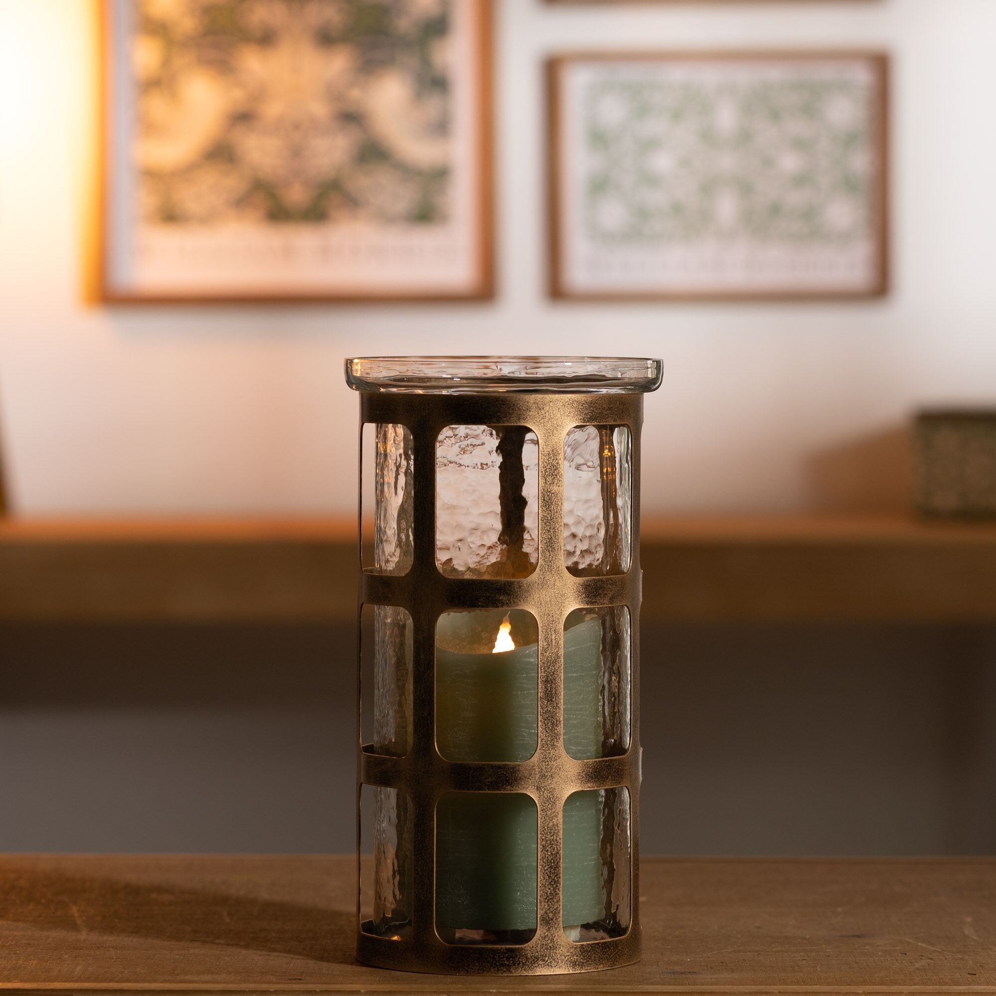 Wavy Glass Candle Holder with Distressed Metal Frame 10 inchesH, GOLD, alternate image number 3