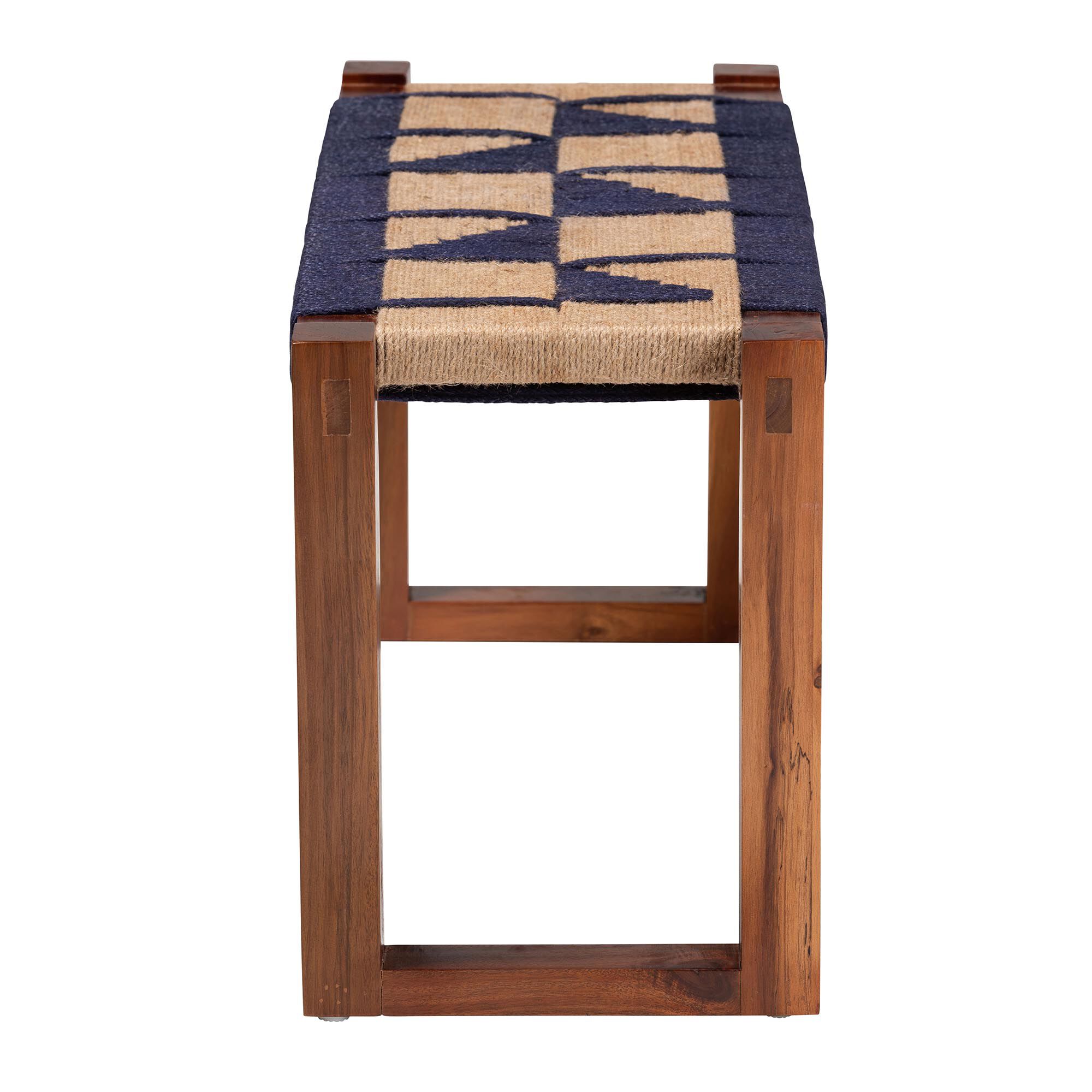 Jerilyn Modern Bohemian Two-Tone Navy Blue and Natura Brown Seagrass and Acacia Wood Accent Bench, BLUE, alternate image number 4