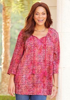 Sequin Trim Gauze Peasant Blouse