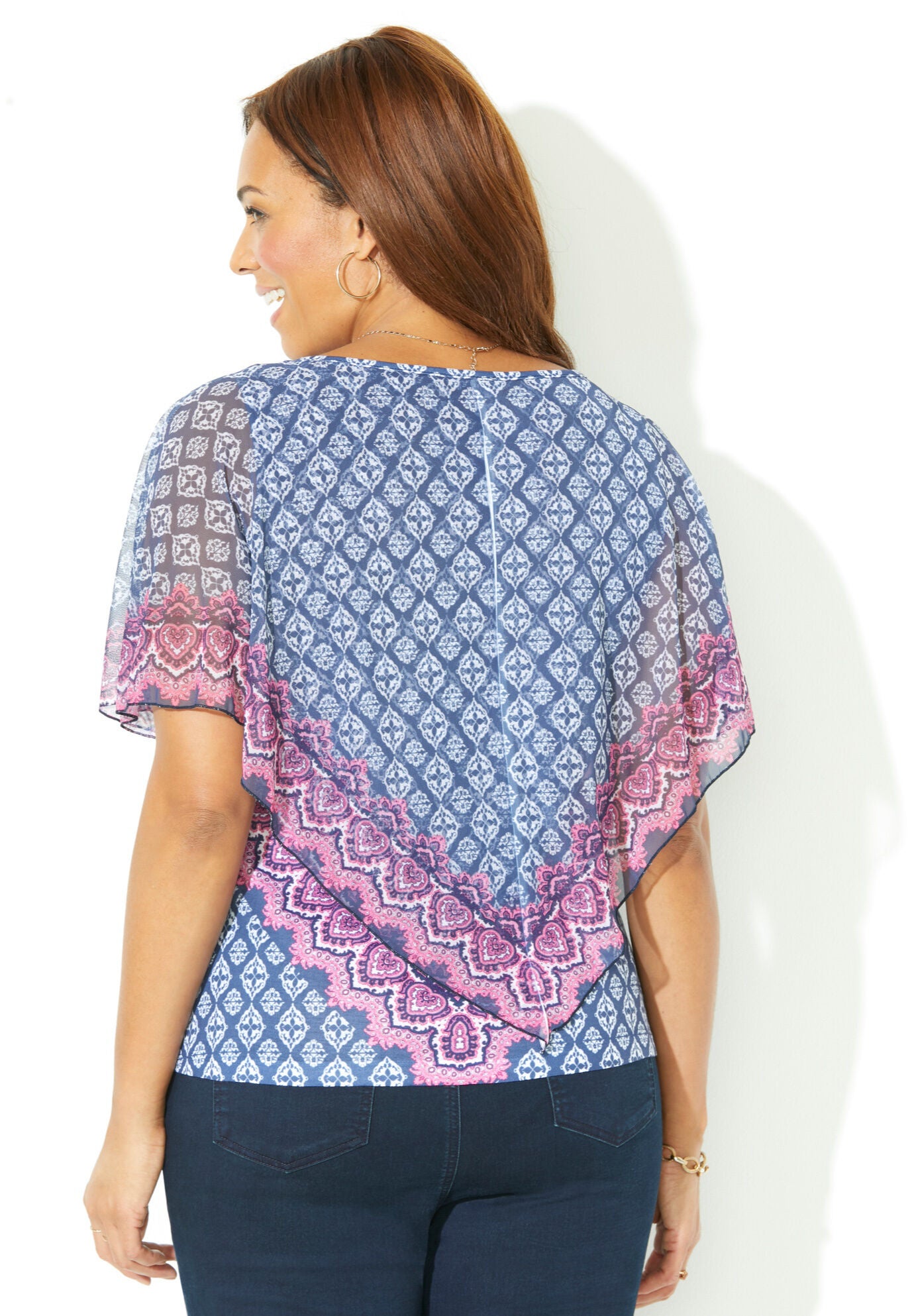 Poncho Duet Blouse, RED PAISLEY BORDER, on-hover image number 1