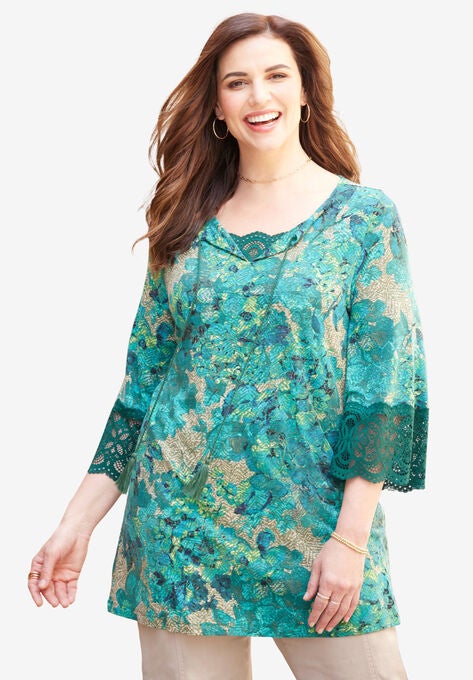 Bell Sleeve Lace Top, TEAL CHEVRON FLORAL, hi-res image number null