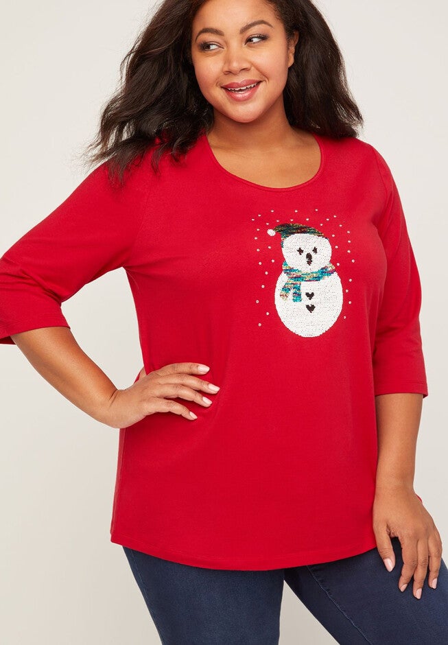 Sequin Swipe Snowman & Penguin Tee, RED, hi-res image number null